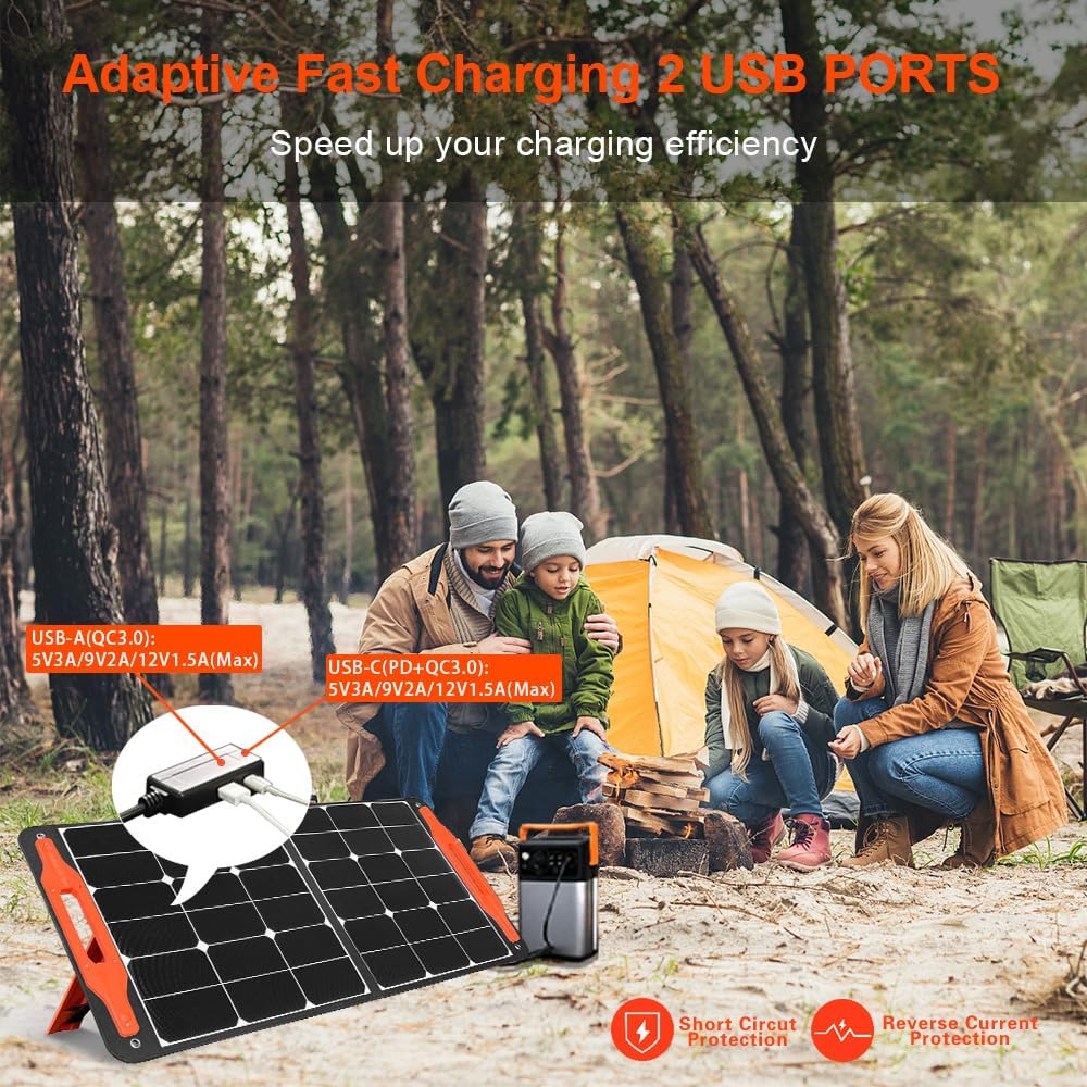 100W Portable Solar Panel Foldable Solar Panel Charger US Solar Cells with USB Outputs for Power Station Generator Phones Tablets Outdoor Camping RV Trips Adventures