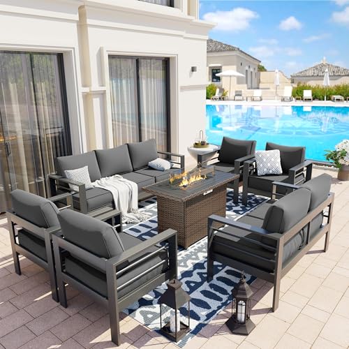 UDPATIO 8 Piece Aluminum Patio Furniture Set, Oversized Modern Outdoor Furniture Set with Olefin Fabric Cushion for Patio Deck Backyard, Dark Grey(with Waterproof Covers)