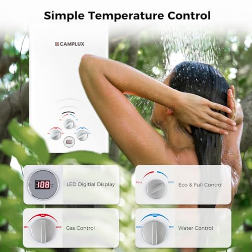 CAMPLUX 2.64 GPM Propane Portable Gas Water Heater, 68,000 BTU Outdoor Tankless Camping Water Heater with Digital Display, White