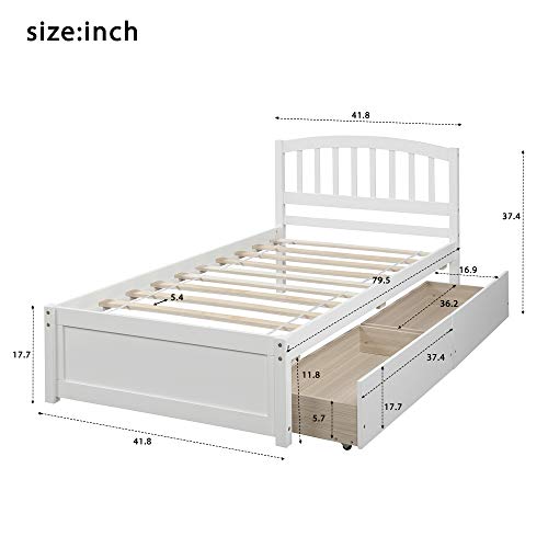 Twin Size Platform Bed with 2 Storage Drawers, Solid Wood Twin Bed Frame with Slat support and Headboard for Kids, Teen, Adults, No Box Spring Needed(Twin, White)