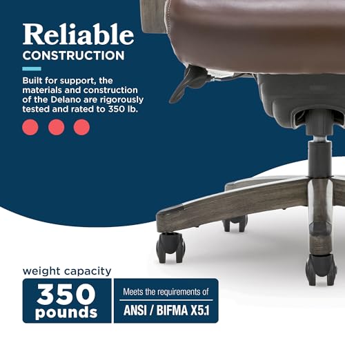 La-Z-Boy Delano Big & Tall Executive Office Chair, Ergonomic Mid-Back Body Pillow Lumbar Support, ComfortCore Memory Foam Cushion, Mahogany Wood Arms & Swivel Base, Bonded Leather, Chestnut Brown