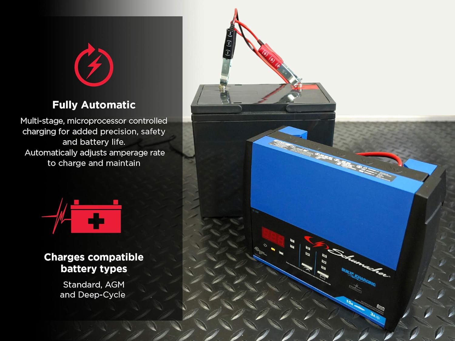 Schumacher SC1359 Fully Automatic Battery Charger, Maintainer, and Auto Desulfator with Battery Detection - 15 Amp/3 Amp, 6V/12V - For Cars, Trucks, SUVs, Marine, RVs