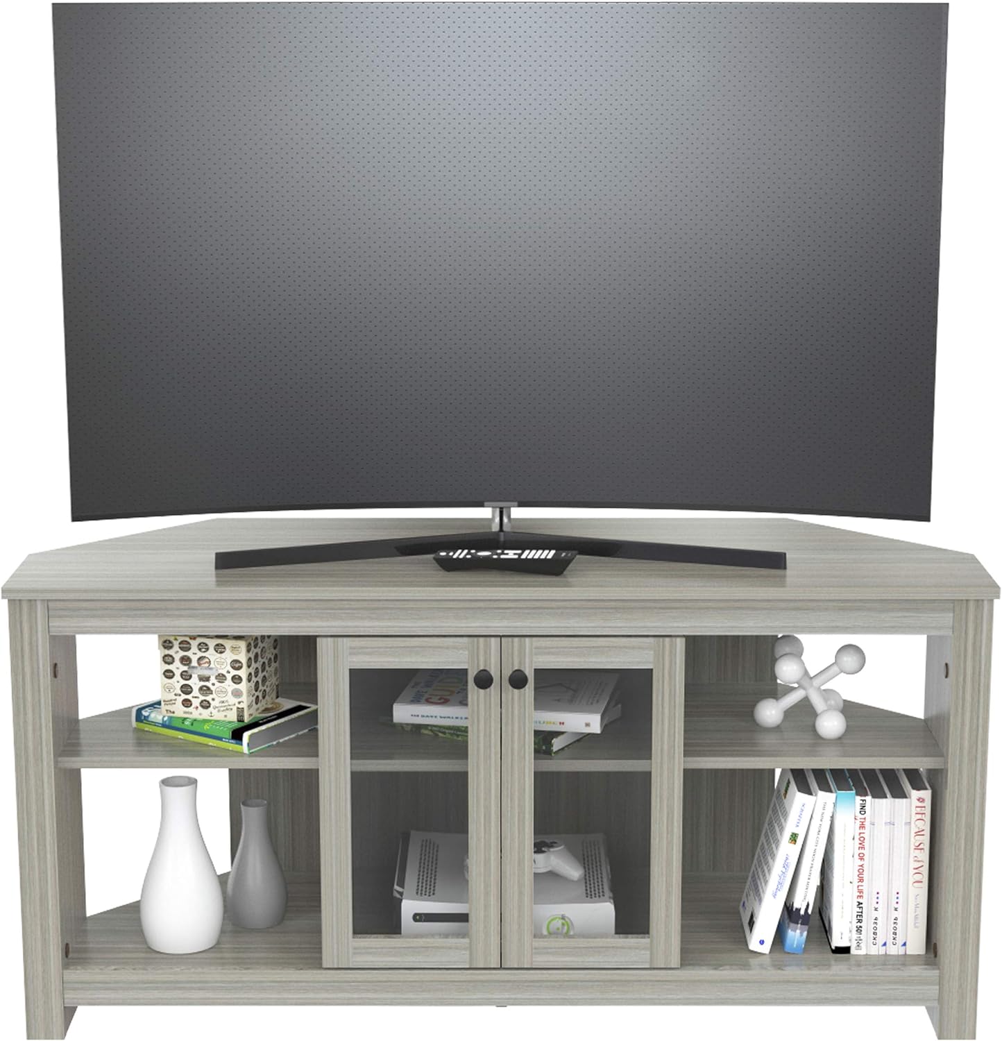 Inval Corner TV Stand with Glass Doors, Smoke Oak