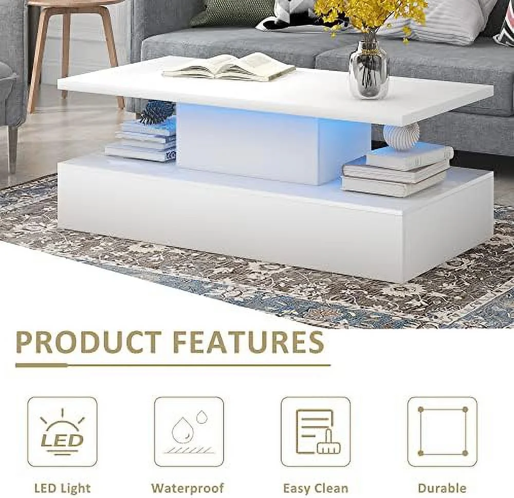 RUNFAYBIU Modern Coffee Table with LED Lights  High Gloss Rectangle Coffee Table with 2 Tiers and 16-Color LED Light  47.2 in Cocktail End Table Modern Side/End/Sofa Table for Living Room