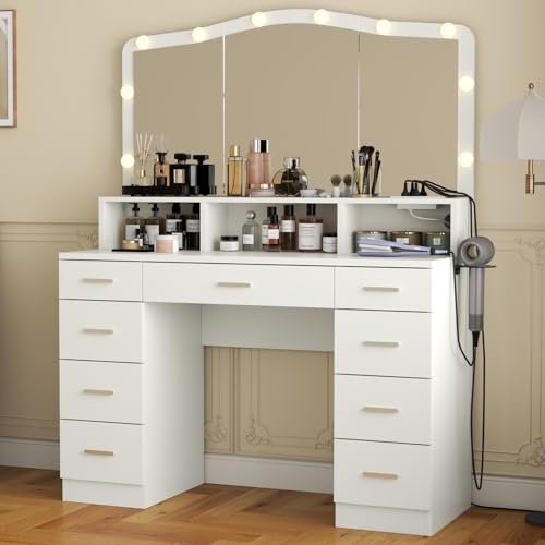 Makeup Vanity Desk with Large Mirror & LED Lights, 9 Drawers White Vanity Table with Power Outlets, Dressing Table with 3 Cubby for Bedroom, Modern Makeup Vanity for Women, Girls (White)