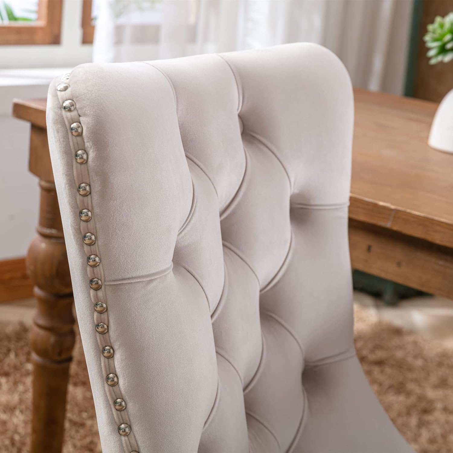 High-end Tufted Solid Wood Velvet Upholstered Dining Chair with Wood Legs and Nailhead Trim, 2-Pcs Set, Beige