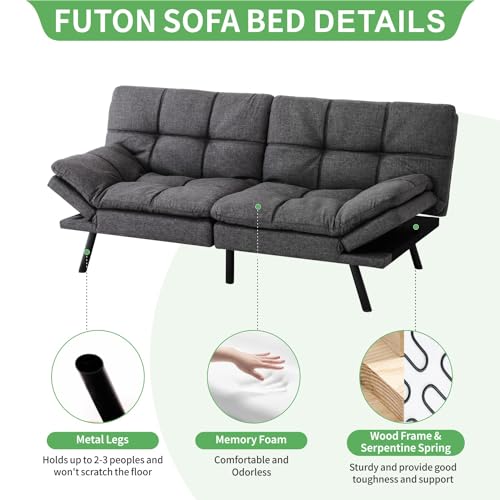 MUUEGM Futon Sofa Bed,couch bed,Memory Foam Futon Sofa,Convertible Sofa Bed for Compact Living Spaces,Apartment,Office,Sleeper Sofa,71"*33"*31.5",Grey Fabric