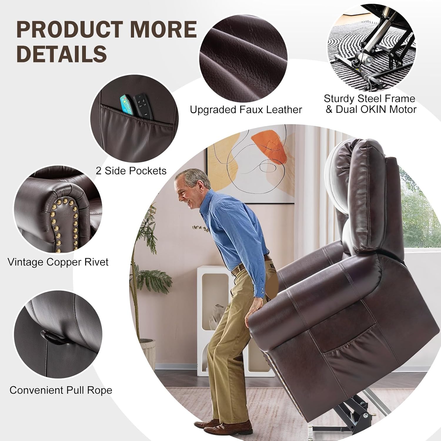 Lay Flat Dual Motor Power Lift Recliner Chair with Massage and Heat for Elderly, Breathable Leather Overstuffed Lift Chairs, Infinite Position Recliner Chairs for Sleeping, 2PCS Brown