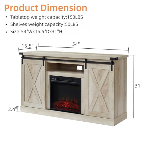 JYED Farmhouse Electric Fireplace TV Stand with Sliding Barn Door for TVs up to 60",White Oak Entertainment Center with Remote Control,Cable Hole,Adjustable Shelves for Living Room.54"x15.5"x31"