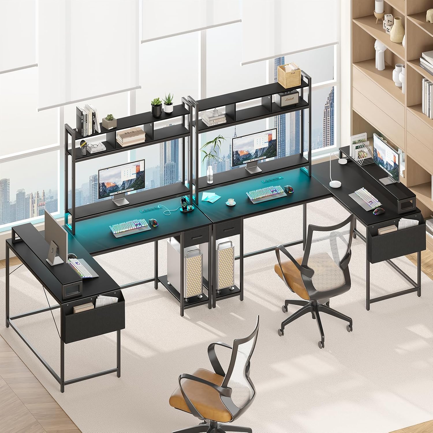 L Shaped Gaming Computer Desk with Monitor Shelf, Reversible Gaming Desk with Power Outlets & LED Lights,Extra Large Long Office Desk, Corner Desk for Home Office