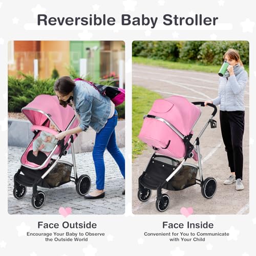 BABY JOY 2 in 1 Convertible Baby Stroller, High Landscape w/Reversible Seat, Removable Footmuff, Adjustable Backrest & Canopy, Foldable Infant Pram Stroller for 0-36 Months Babies, Pink