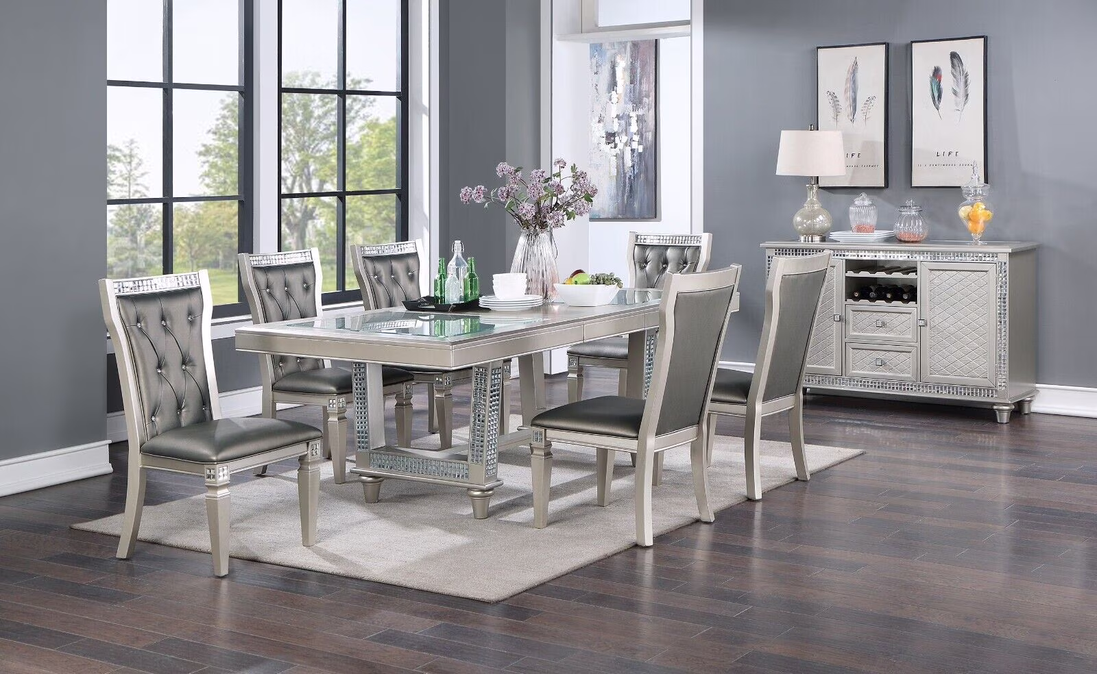 Esofastore Silver Hues Grey Finish 7pc Set Table w Glass Insert Top 6x Side Chairs Dining Room