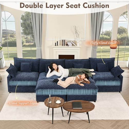 108" U Shaped Couch, Modular Sectional Sofa, 3-Seater Comfy Cloud Couch with Movable Ottoman, Deep Seat Couches for Living Room, Chenille, Black