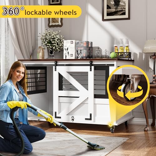 48'' Dog Crate Furniture with Removable Divider & Storage Drawers, Wooden Double Dog Cage TV Stand with 2 Sliding Barn Doors, Multi-Functional Dog Crate End Table for Indoor use (White)