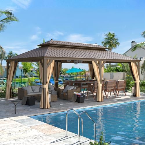 MELLCOM 12'x16' Hardtop Gazebo, Galvanized Steel Metal Double Roof Canopy with Curtains and Netting, Brown Permanent Pavilion Gazebos with Aluminum Frame for Garden, Patio, Lawns, Deck