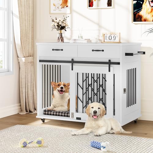 YITAHOME Dog Kennel Furniture for 2 Dogs, 39 inch Double Dog Crate with Storage Drawers, Indoor Wooden Dog House Heavy Duty for 2 Small Medium Dogs, Brown