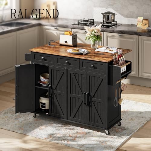 Kitchen Island with Drop Leaf, Kitchen Cart with Charging Station, Kitchen Table with Storage, Rolling Island Table with 3 Drawers, Towel Rack and Spice Rack, White and Walnut