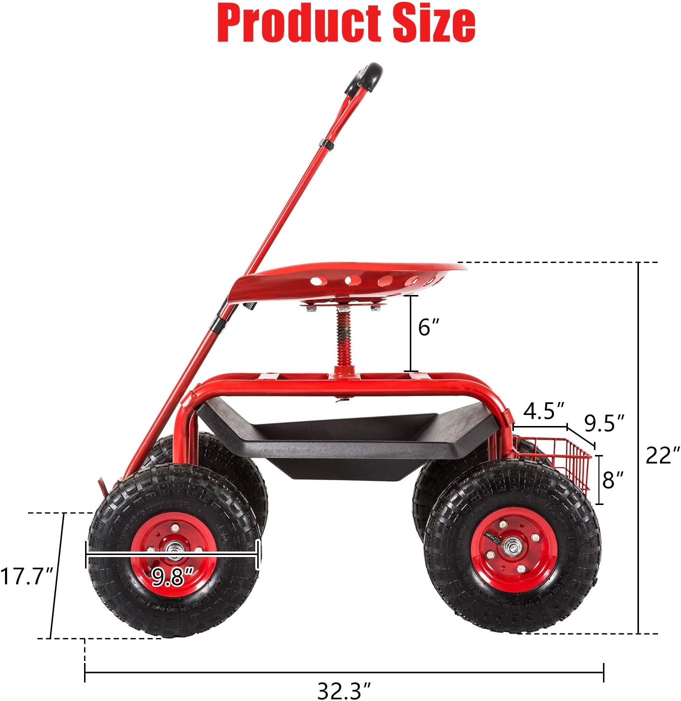 Garden Cart with Tool Tray and Storage Basket on Wheels Rolling Work Seat Heavy Duty Scooter with Handle
