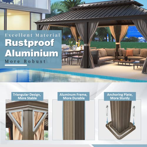 MELLCOM 12'x16' Hardtop Gazebo, Galvanized Steel Metal Double Roof Canopy with Curtains and Netting, Brown Permanent Pavilion Gazebos with Aluminum Frame for Garden, Patio, Lawns, Deck
