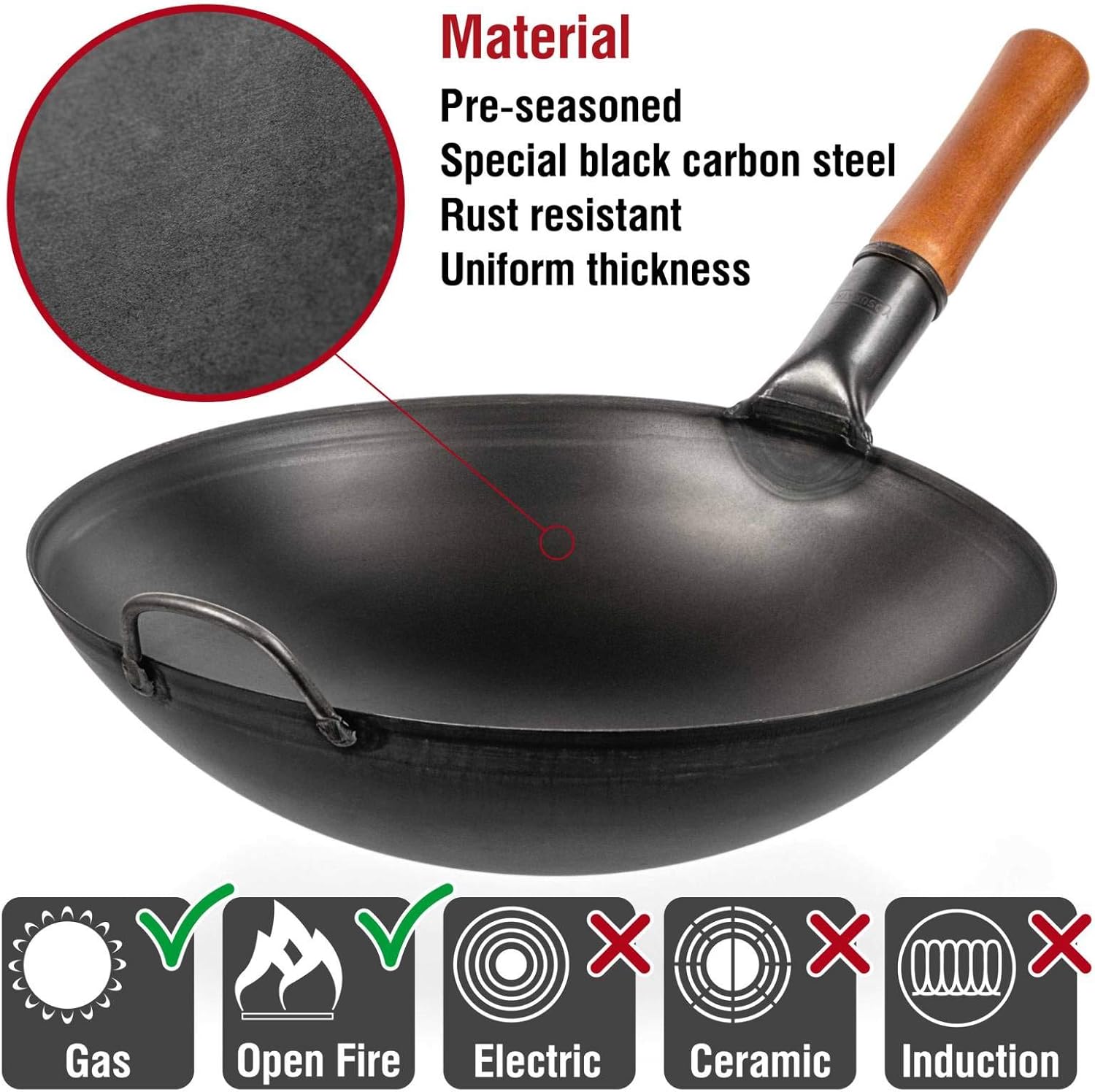 YOSUKATA Carbon Steel Wok Pan - 14 �� Woks and Stir Fry Pans - Chinese Wok with Round Bottom Wok - Traditional Chinese Japanese Woks - Black Steel Wok