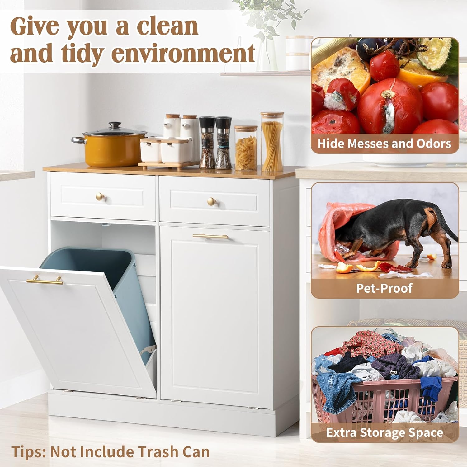 Kitchen Trash Can Cabinet - Freestanding Garbage Storage Cabinet - Tilt Out Trash Cabinet with Drawer and Laundry Hamper - Pet-Proof Recycling Trash Bin Cabinet - 2 Doors 2 Drawers 2 Baskets - White