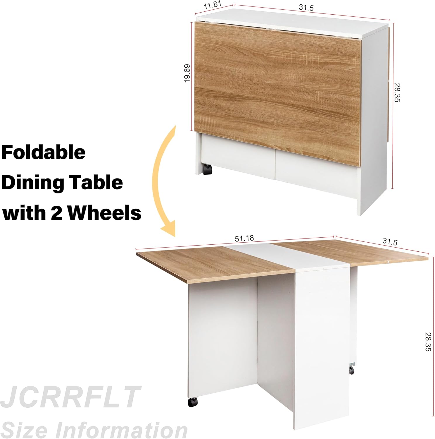 Folding Dining Table with Wheels, Drop Leaf Dining Table with 2 Layer Storage Shelf, Farmhouse Wood Kitchen Table for 4, Rectangle Extendable Dining Table for Kitchen Small Spaces, White+Oak