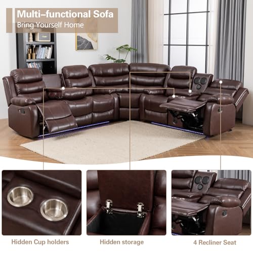 Manual Reclining Sectional Couch with LED Light Multi-Functional Sofa with Recliner Seat,Stereo, Storage,Cup Holders,USB,PU Leather L-Shaped Sofa,9 Seater for Living Room- White