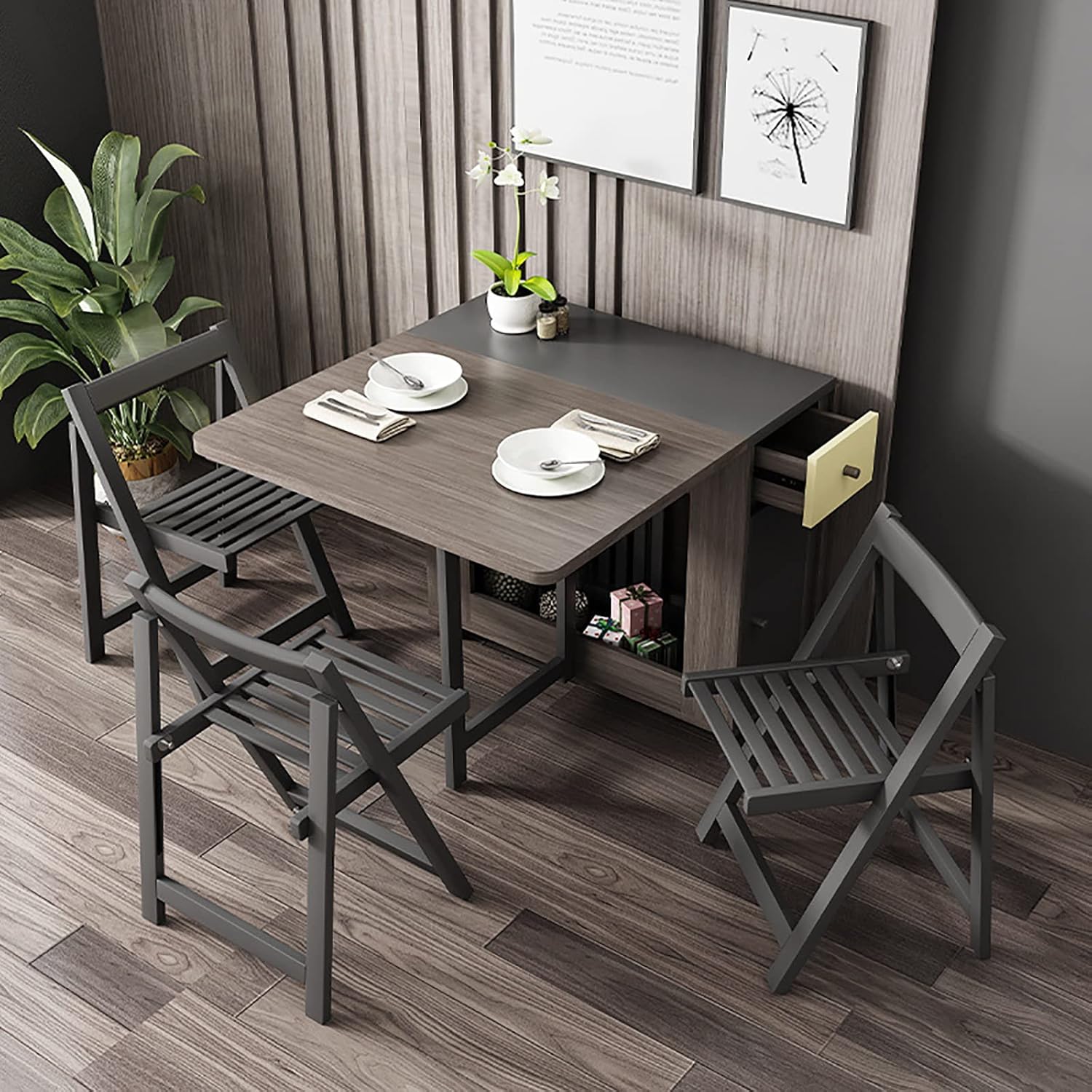 Folding Dining Table Set, Mobile Drop Leaf Dining Kitchen Table with 4 Chairs, Wood Simple Storage Table with 2 Wheels for Kitchen Dining Room Living Room Family Gathering.