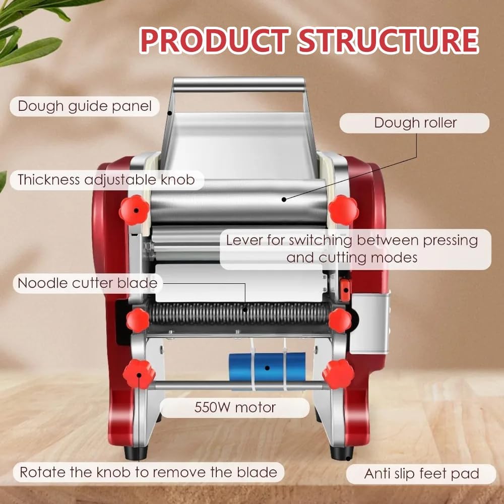 Electric Pasta Maker Home Pasta Making Machine 550W Automatic Noodle Machine Full Stainless Steel Dual Knife No Disassembled for Home Commercial Use