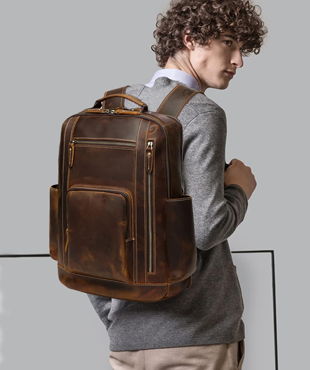 Lannsyne Men's Vintage Full Grain Leather Backpack for 16 Laptop Travel Hiking Camping Rucksack