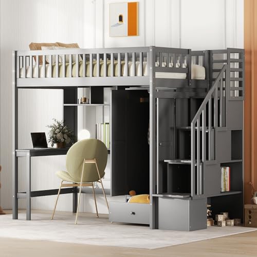 Full Size Loft Bed with Wardrobe Desk Storage Stairs, Wood Loft Bed Frame with Bookcase and Drawers, High Loft Bedframe for Kids Teens Adults, No Box Spring Needed, Espresso
