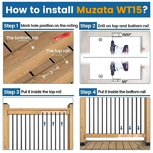 Muzata 50Pack 26" Aluminum Deck Balusters Round Black Deck Railing Stair Porch Staircase Spindles 3/4" Diameter Hollow for Wood and Composite Deck, WT02