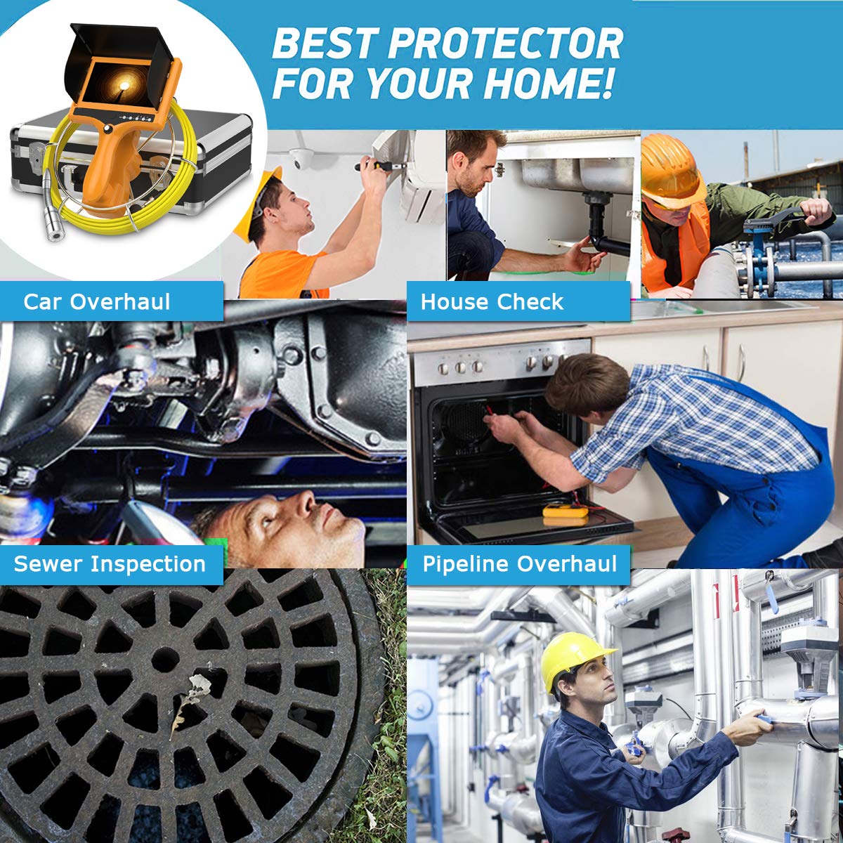 Sewer Camera with Distance Counter, Pipe Inspection Camera Video System IP68 Waterproof Plumbing Snake Drain Sewer Cam Drain Duct Pipe Camera 7TFT Monitor 20M/65ft