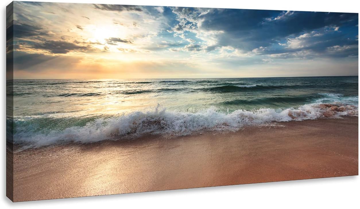 Beach Canvas Wall Art for Living Room Bedroom Home Decorations Sunrise Blue Ocean Sea Beach Pictures Art Decor Modern Stretched and Framed Seascape Waves Landscape Canvas Prints Artwork