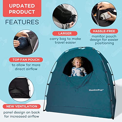 SlumberPod The Original Blackout Sleep Tent Travel Essential for Babies and Toddlers, Mini Crib and Pack N Play Cover, Sleep Pod for Kids with Monitor Pouch and Fan Pouch, Blocks 95%+ Light, Teal