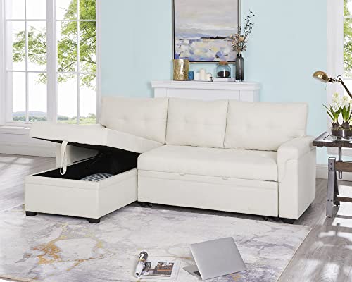 Naomi Home Jenny Sectional Sofa Sleeper with Storage Chaise, Tufted Pull Out Couch with Storage, L-Shaped Reversible Sleeper Sofa with Storage, Black,Air Leather