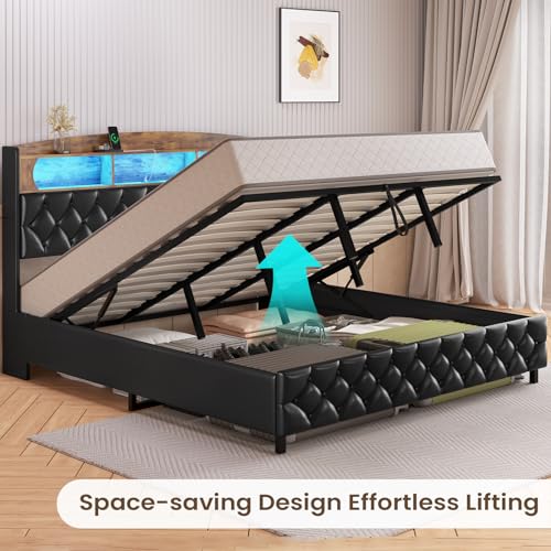King Size Lift Up Storage Bed Frame, King Platform Bed with Storage & LED LIghts & Charging Station, Upholstered Storage Headboard, No Box Spring Needed, Noise Free, Easy Assembly