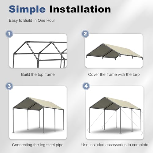 Grezone 10 x 20ft Heavy Duty Carport,Portable Car Tent Garage,All Season UV Resistant Car Canopy for Auto,Truck,Boat,Car (beige)