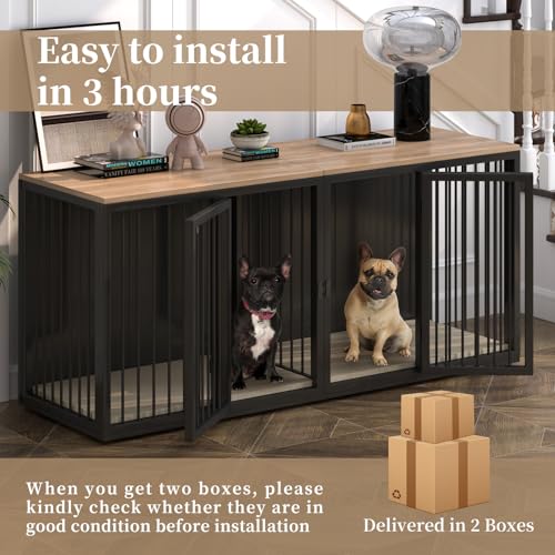 Large Dog Crate Furniture for 2 Dogs, 71.6'' All Steel Frame Dog Crate with Double Doors, Heavy Sturdy Dog Kennel for Small Medium Large Dog, Indoor Double Dog Cage with Wooden Top (White)