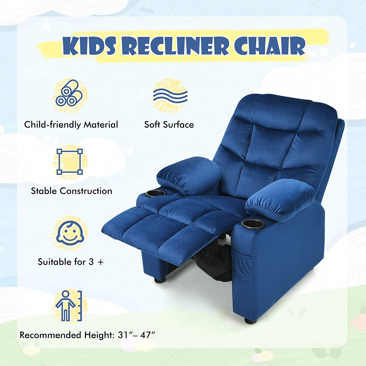 Kids Recliner Chair, Toddler Armchair Upholstered Couch with Cup Holder, Child Furniture for Ages，Adjustable Lounge Recliner，Blue