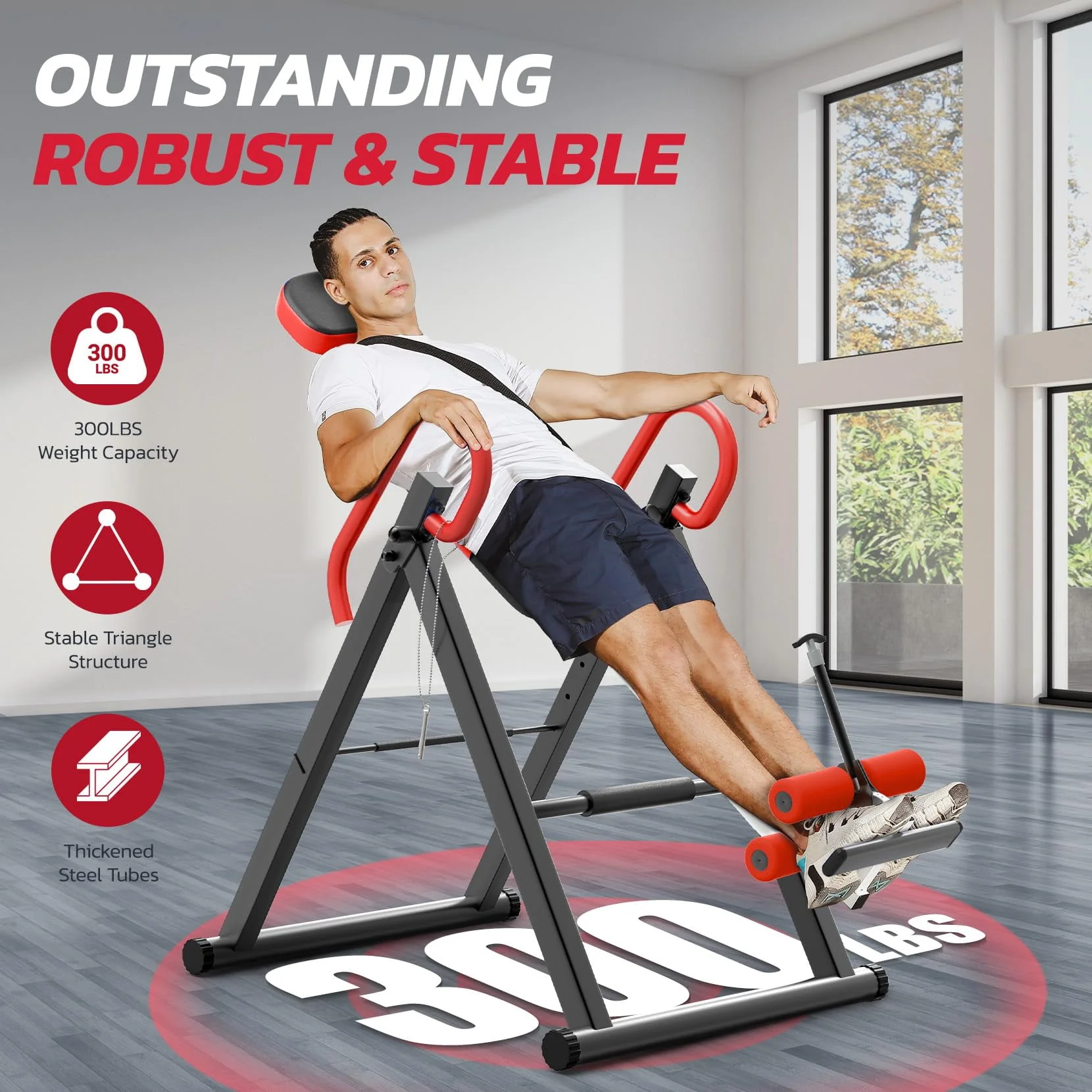 Heavy Duty Inversion Table,300 Lbs Capacity with Adjustable Protective Belt,0°-85°Foldable Save 70% Space Inversion Table for Back Pain Relief,Red