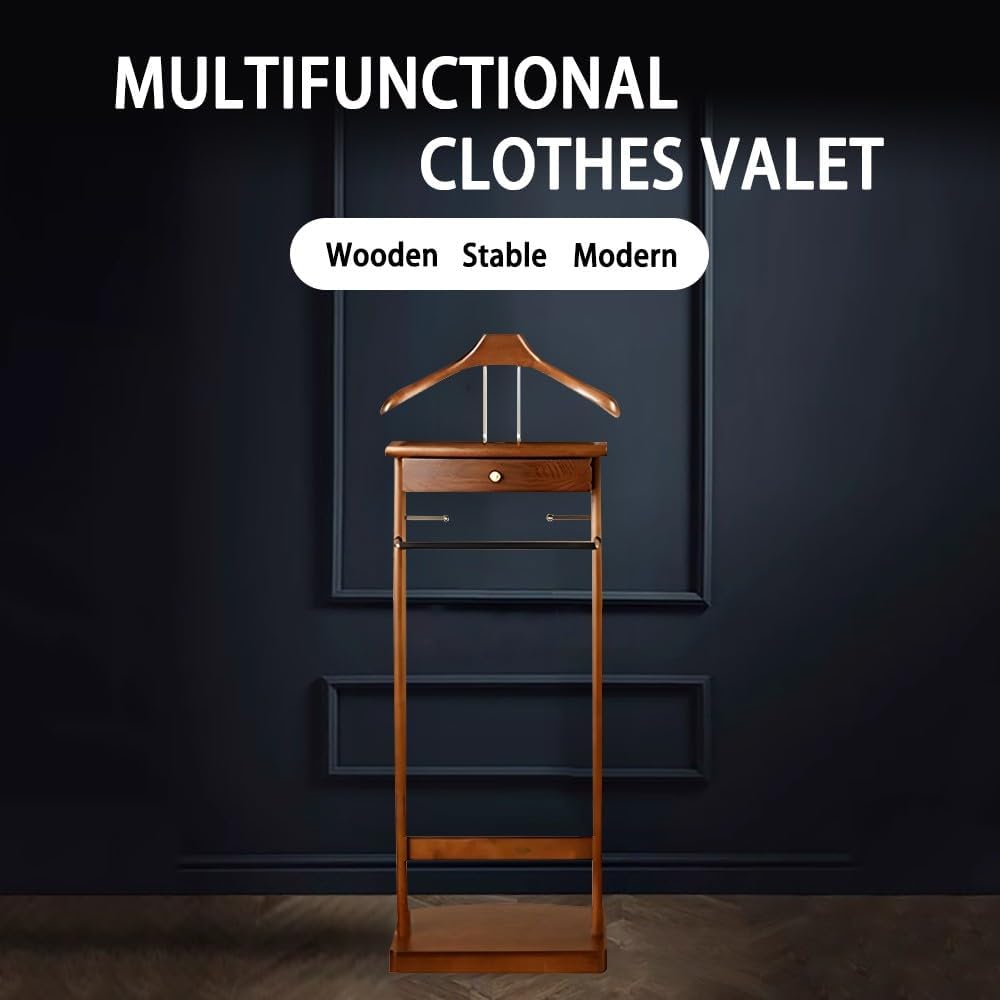 Solid Wood Suit Rack with Pants Bracket, Metal Valet Stand with Heavy Base, Wooden Clothes Valet with Tie Holder, for Living Room, Office, Bedroom 39x30x112.2CM