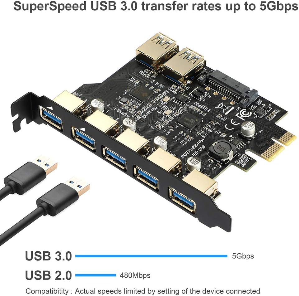 BEYIMEI USB pcie Card,PCI-E to USB 3.0 7 Ports Expasion Card with 15-Pin SATA Power Connector - PCI Express(PCIe) Expansion Card USB Card for Windows XP/Vista / 7/8/10 / Linux Pack of 2