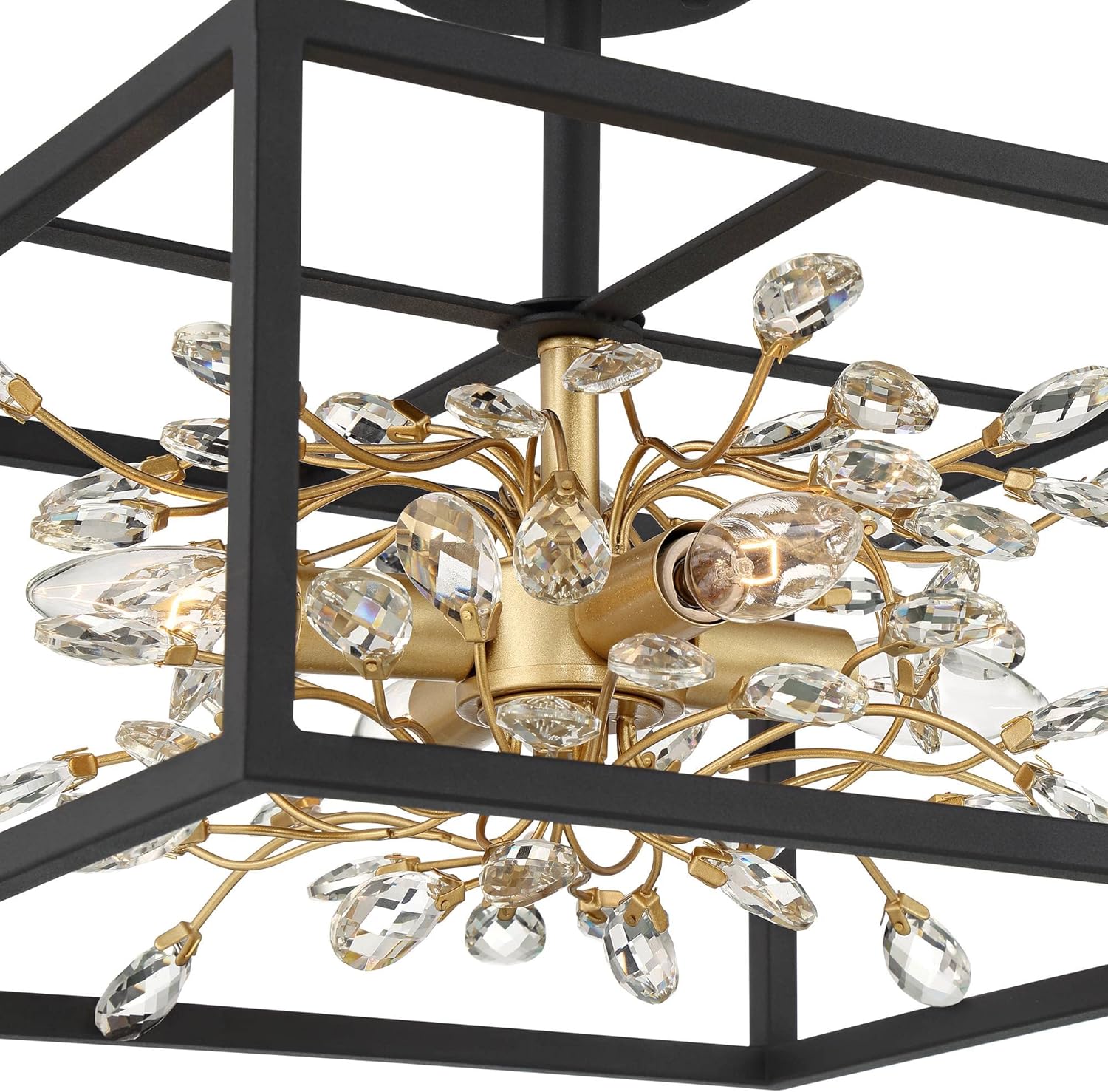 Possini Euro Design Carrine Modern Ceiling Light Semi Flush-Mount Fixture 14 1/4" Wide Black Metal Gold Branches 4-Light Clear Crystal for Bedroom Kitchen Living Room Hallway Bathroom House Home