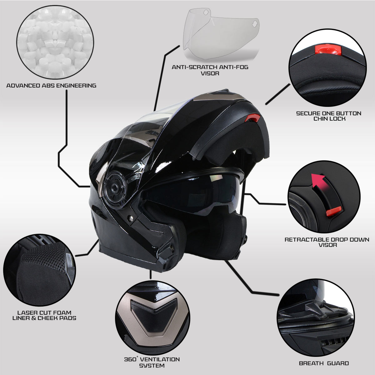Milwaukee Helmets MPH9806DOT 'Ionized' Gloss Black Advanced Motorcycle Modular Helmet for Men and Women Biker w/ Drop Down Visor Medium