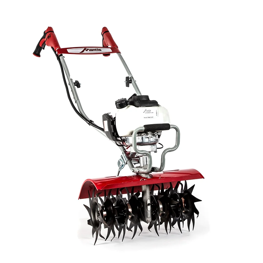 Heavy Duty Mantis Tiller and Cultivator, 4-cycle gas powered 35cc Honda Engine, Easy start, variable speed, Garden tiller, 16" width and 10" tilling depth, kickstand, model 7566a