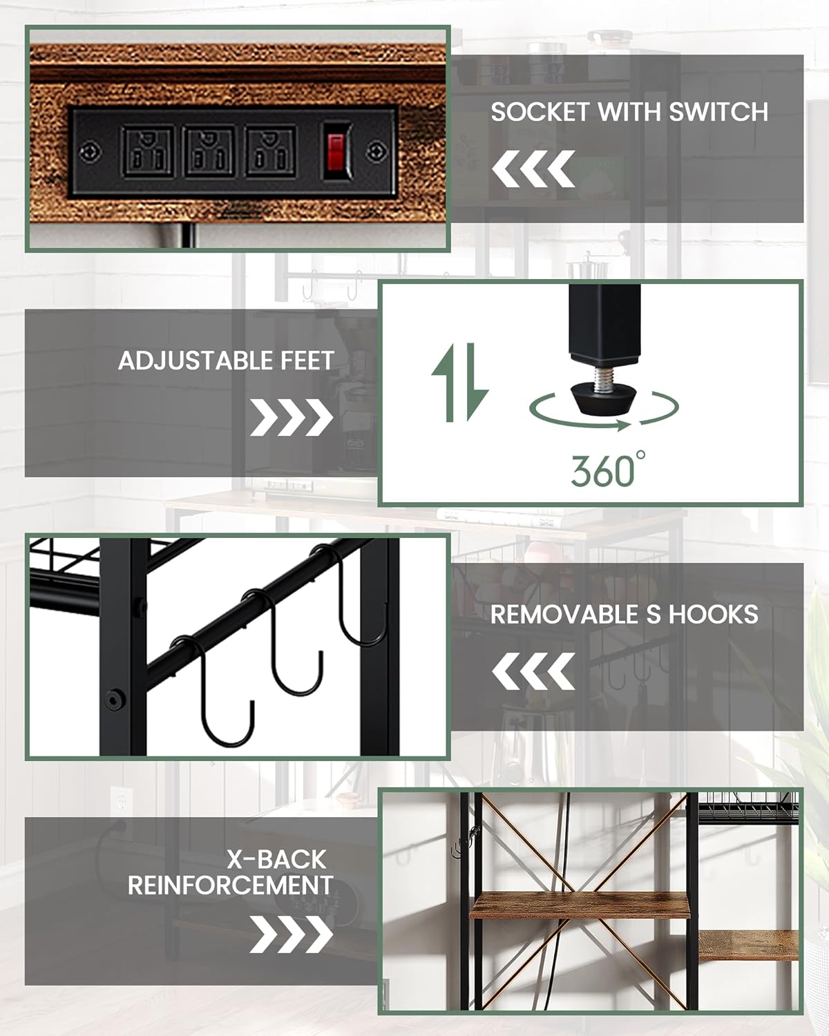 Kitchen Bakers Rack with Power Outlet, Microwave Stand with Multiple Shelves, Floor Standing Bakers Rack, Coffee Bar with Mesh Basket, for Kitchen, Dining Room, Rustic Brown and Black THB01UBF