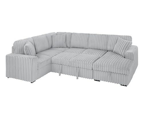 roomfitters 122 Inch Pull Out Couch, Rabbit Plush Fabric Sofa Bed with USB Ports & Comfy Upholstered, Oversized U Shape Sectional Sleeper Sofa Bed with Storage Chaise, Khaki
