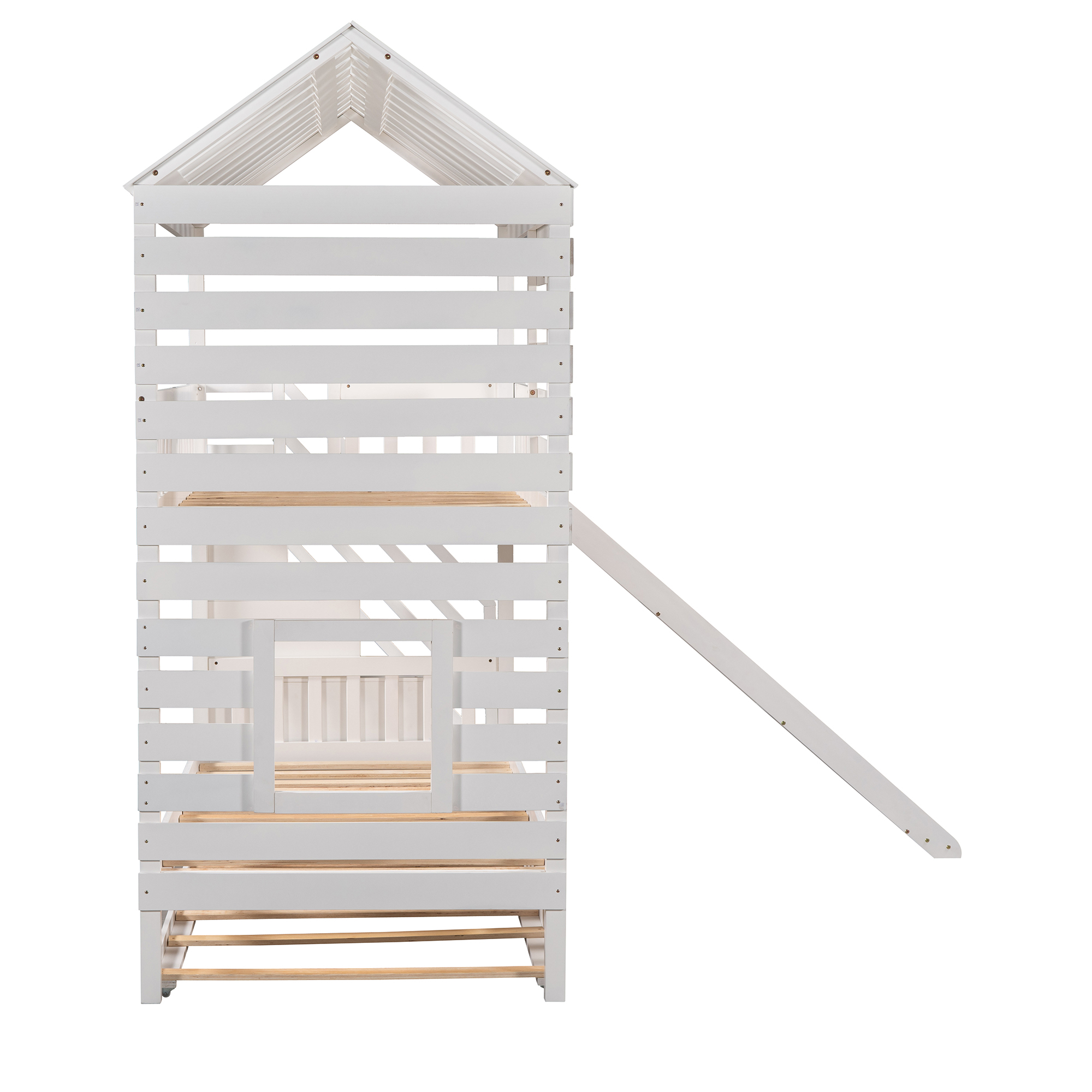 Stairway House Bed Solid Wood Twin over Twin Bunk Bed with Trundle and Slide, Storage Staircase, Roof and Window Design for Toddler Kids Teens