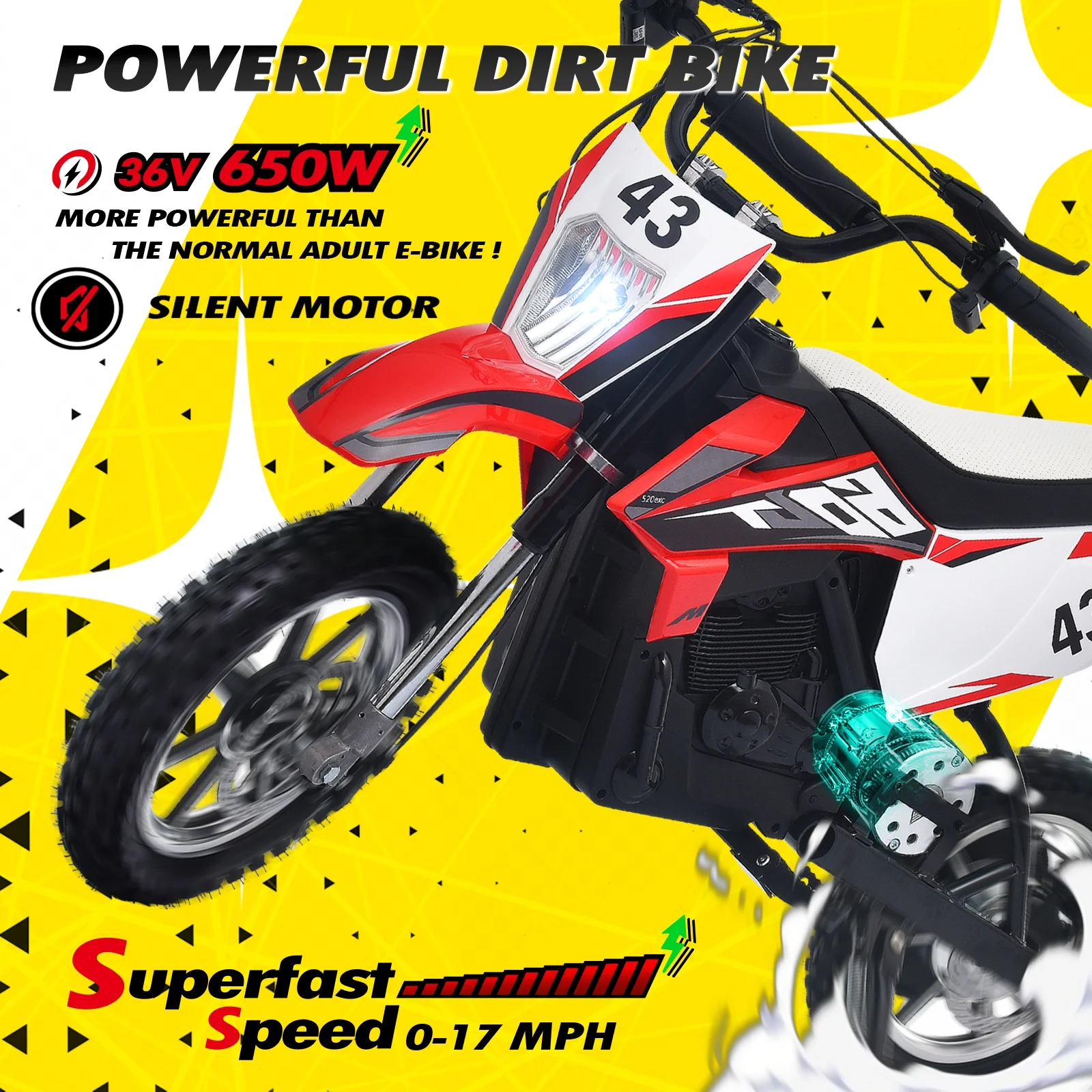 Blitzshark 36V 650W Kids Electric Dirt Bike Off-Road Motocross Ultra Powerful Motorcycle, with 17MPH MAX Speed, Rubber Tire, Twist Grip Throttle, Dual Suspension & Brakes, Leather Seat, SRK-MC20 Pro